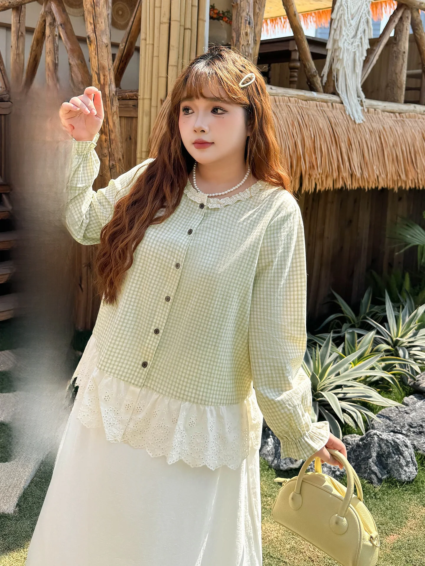 

Limited Time 25 Plaid Long Sleeve round Neck Lace Trim Splicing plus Size Shirt French Style Cotton Blend Daily Wear Spring S...