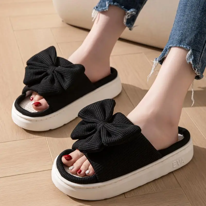 Hemp Platform Slippers Women Home Bow Sweet Casual Designer Shoes Ladies Spring Summer Indoor Slides Soft Sole Non-Slip Floor image 4