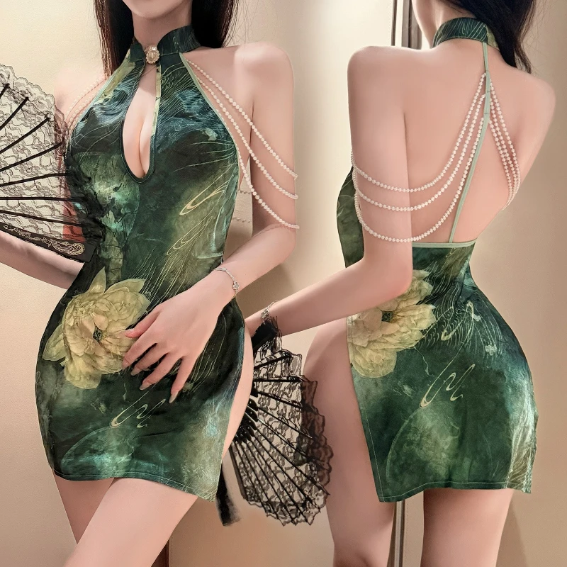 

Women's Sexy Cheongsam Skirt Uniform Pearl Flower Printing Hollow Out Dress Sexy Lingerie Improved Tradition Retro Chinese Qipao
