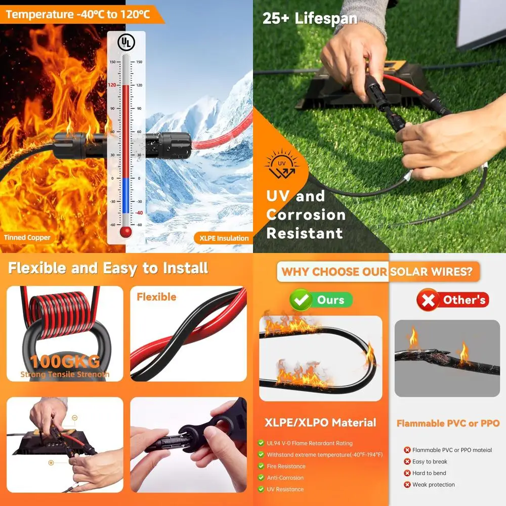 

328 футов (черный) 0AWG Удлинительный кабель для солнечной панели 6 мм2 PV-провод из луженой меди с водонепроницаемым гнездовым и мужским разъемом для солнечной фотографии