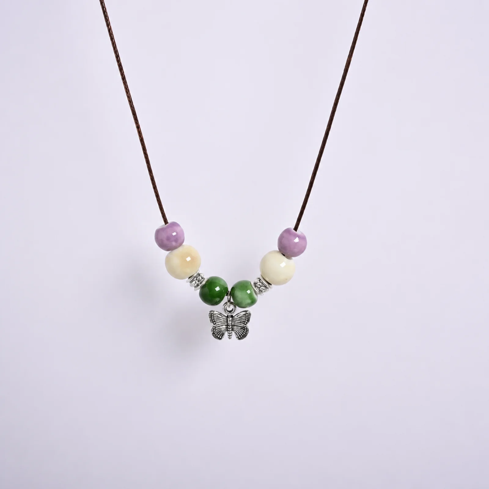 Handmade Ceramic Butterfly Necklace with Adjustable Waxed Cord,Woven Ceramic Beads and Metal Accent Jewelry 608P13-11