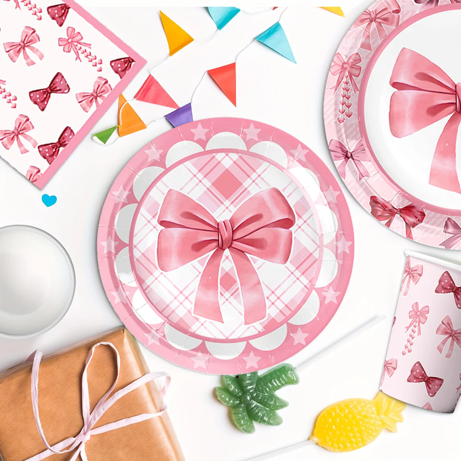 Pink Coquette Bow Disposable Tableware Set Paper Plates Cups Napkins Tablecloth Girls Birthday Baby Shower Party Supplies view 3