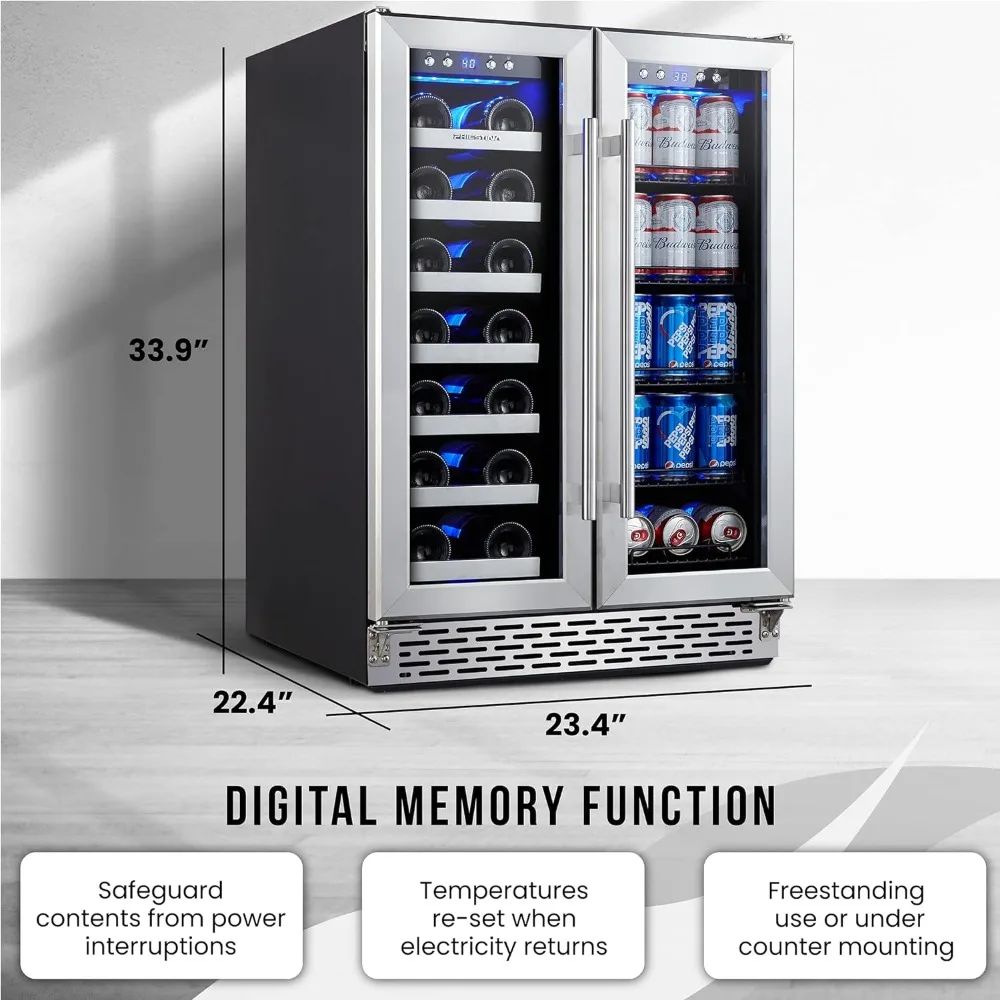 ثلاجة نبيذ ومشروبات ، ثلاجة نبيذ ثنائية المنطقة مدمجة قائمة بذاتها ، 20 زجاجة و 78 علبة ، 24 إنش