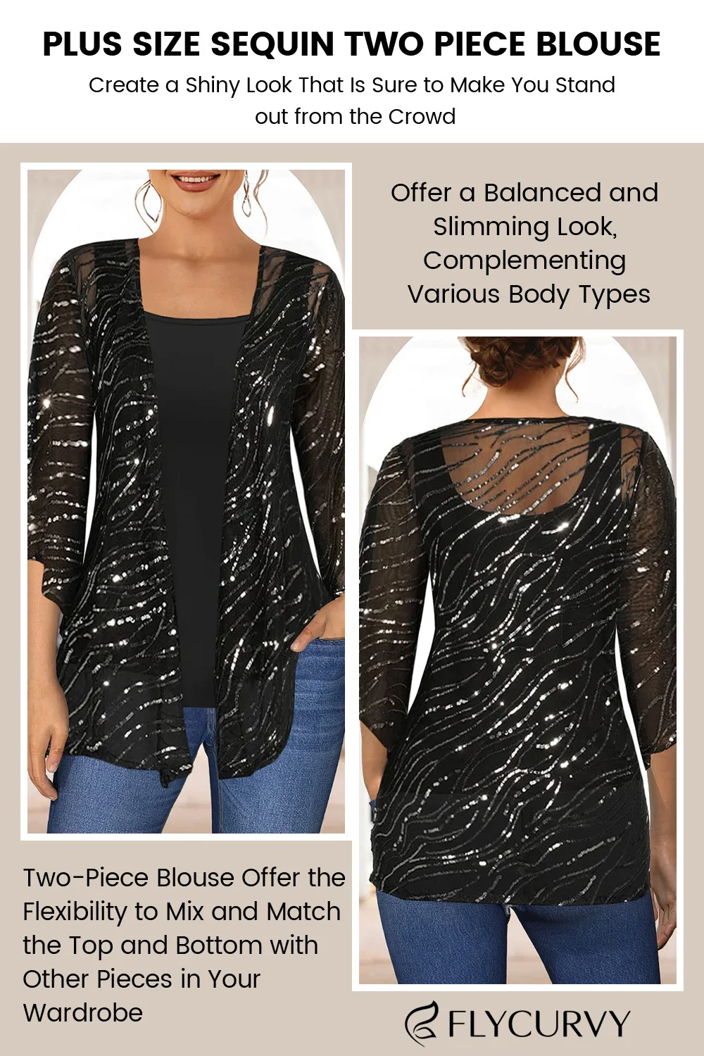 Plus Size Women Fashion Casual Shirts Black Shiny Sequins 3/4 Sleeves Two Piece Shirts  Cover Up Tops with Vest