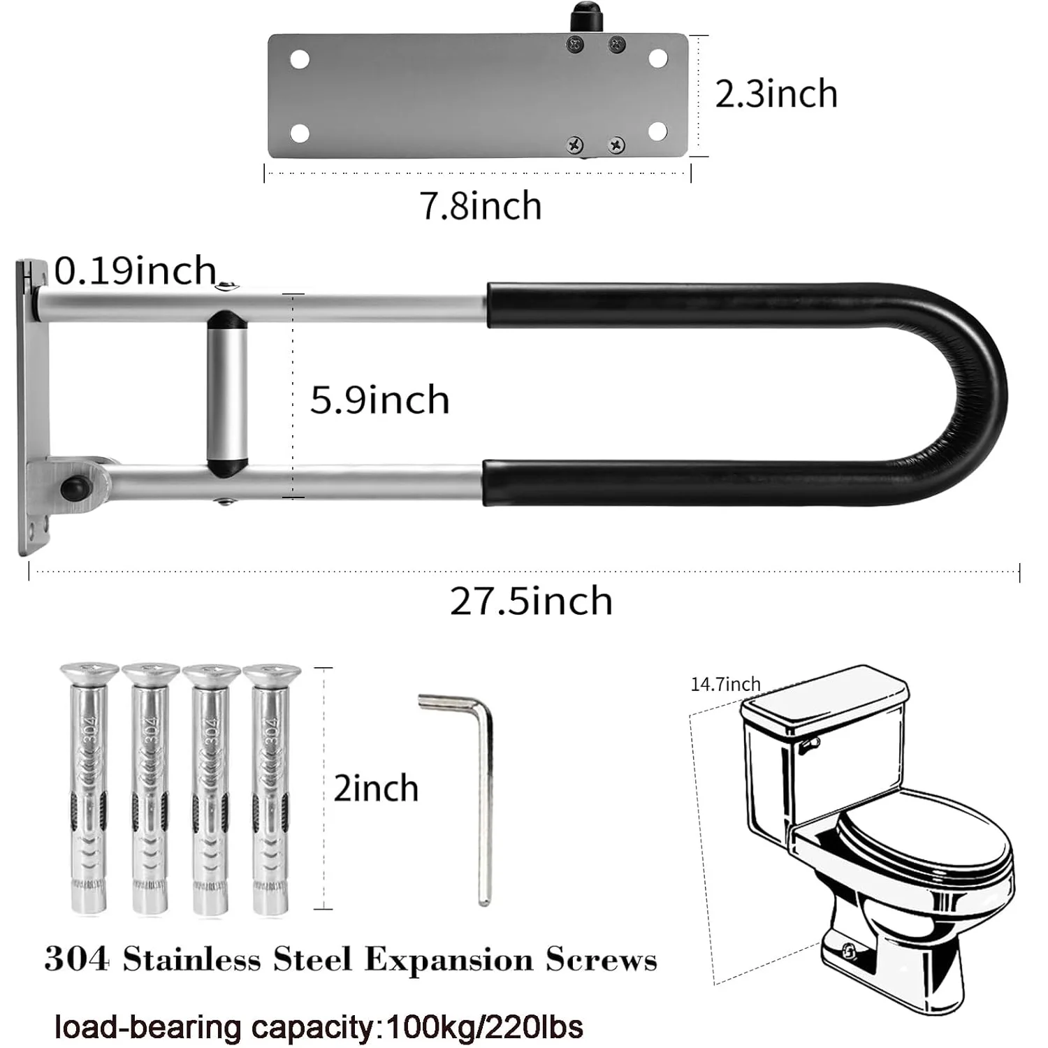 Barra de apoio para vaso sanitário, trilhos de alumínio para deficientes, barra de apoio para vaso sanitário, formato de u e montagem na parede, segurança para idosos idosos