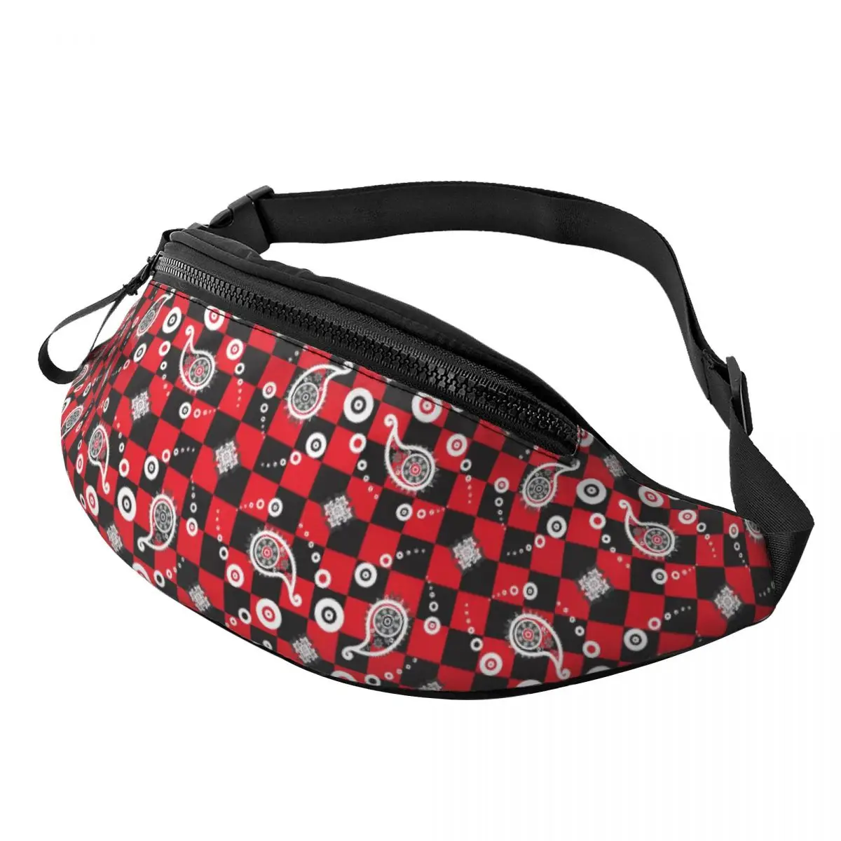 Custom Casual Black And Red Paisley Fanny Pack Women Men Crossbody Waist Bag for Camping Biking Phone Money Pouch