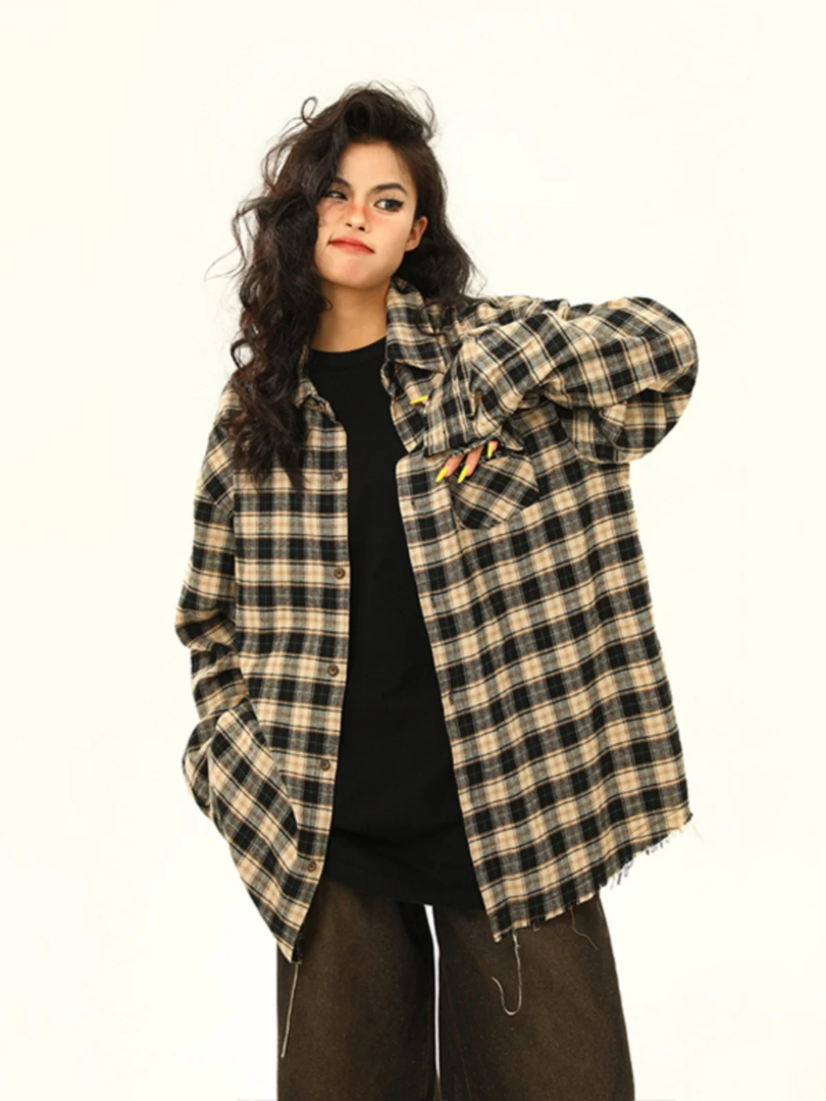 

American Casual Destroy ket Plaid Long Sve irt Men Spring High Street Loose Couple irt Youth ular Daily Wear