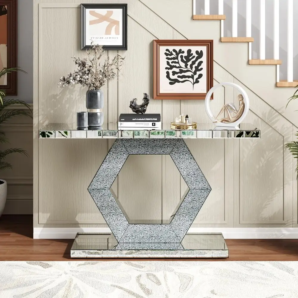 Mesa de console com espelho hexagonal de cristal com camada dupla de 55 polegadas moderna entrada de hall lux diamante vidro espelhado