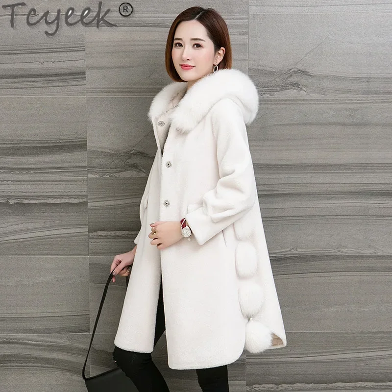 Tcyeek Real Wool Coat Women Clothes Warm Fox Fur Collar Winter Women's Fur Jacket Mid-long Sheep Shearling Coats Пальто Женское