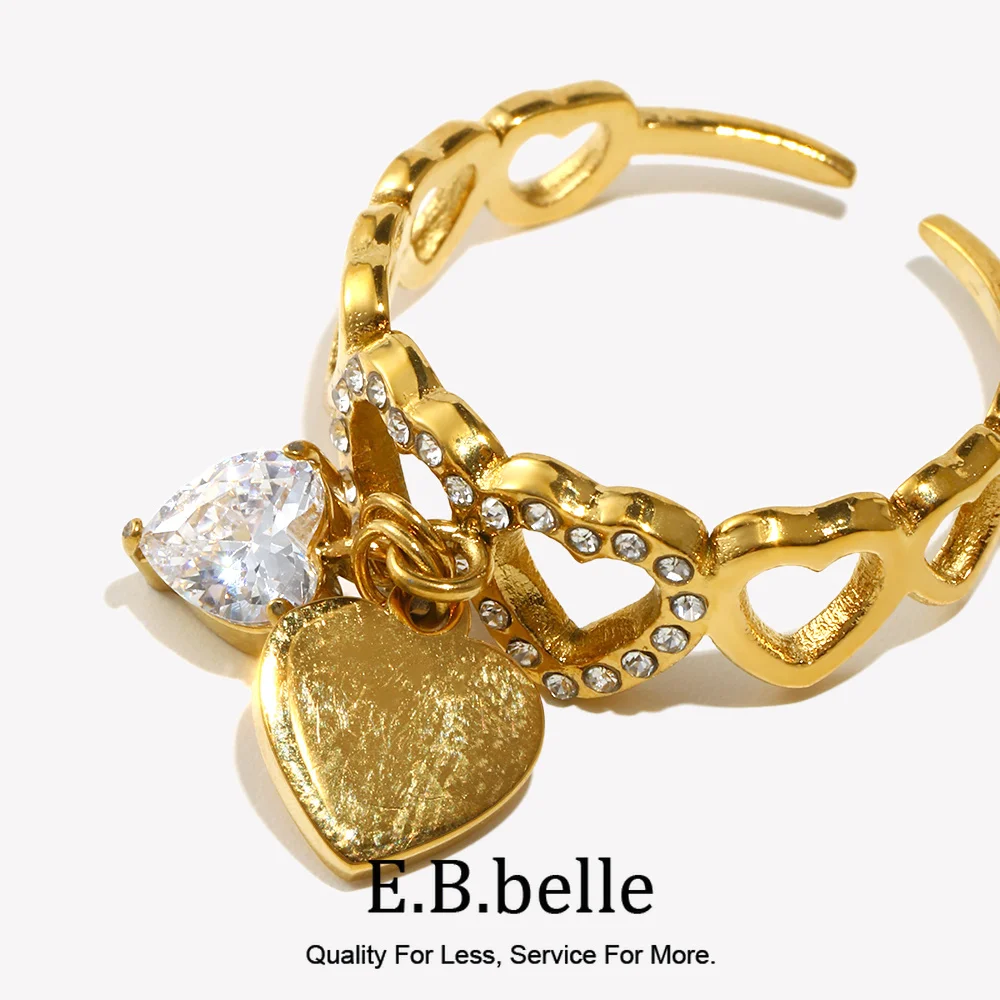 E.B.belle Neue Kreative Luxus Hohl Herz Quaste Öffnung Ringe PVD Überzogene Edelstahl Mode Frauen Party Hochzeit Schmuck