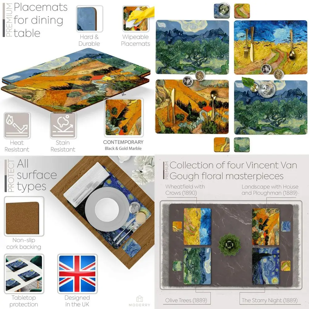 

Набор из 4 термостойких пробковых салфеток с подходящими подставками для напитков, арт-дизайн Ван Гога, 16x12 дюймов