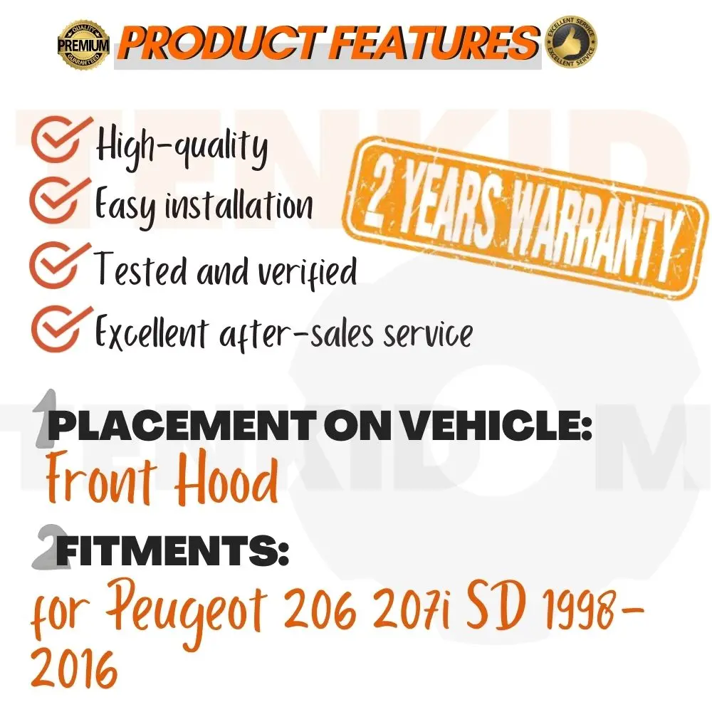 Front Hood Struts for Peugeot 206 (Europe) 1998-2016 Not for 206+ 2009-2012 Lift Supports Bonnet Gas Dampers Springs No-Drill