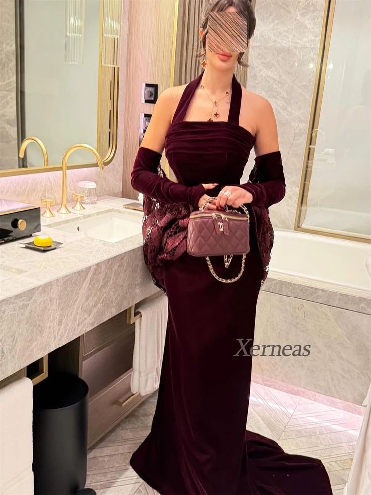 Customized Burgundy Evening Dresses Halter Sexy Cocktail Party Dress for Women Floor Length Ptom Night Gowns
