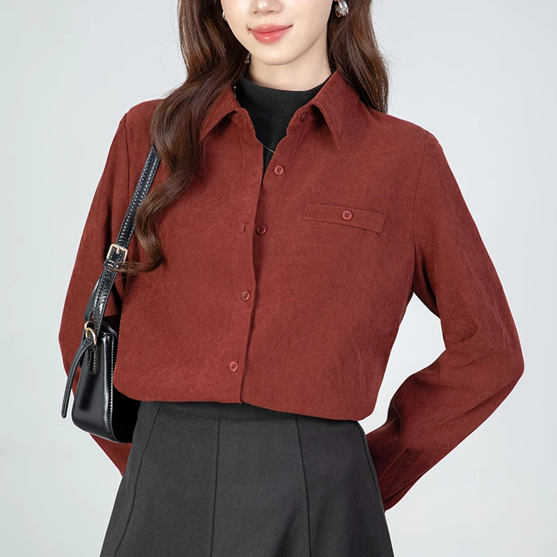 가을 겨울 빈티지 두꺼운 여성용 레드 블라우스 2025 신상 솔리드 싱글 브레스티드 오피스 워크웨어 캐주얼 루즈 셔츠 탑 여성용