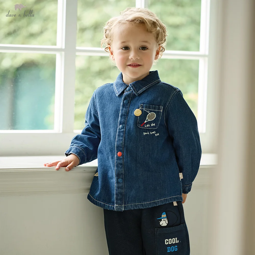 Dave Bella Kids Denim Blue Top Winter Plush Boys Long-sleeved Shirt Clothes For A 2- to 3-year-old Child Gentle Blouse DB4264237