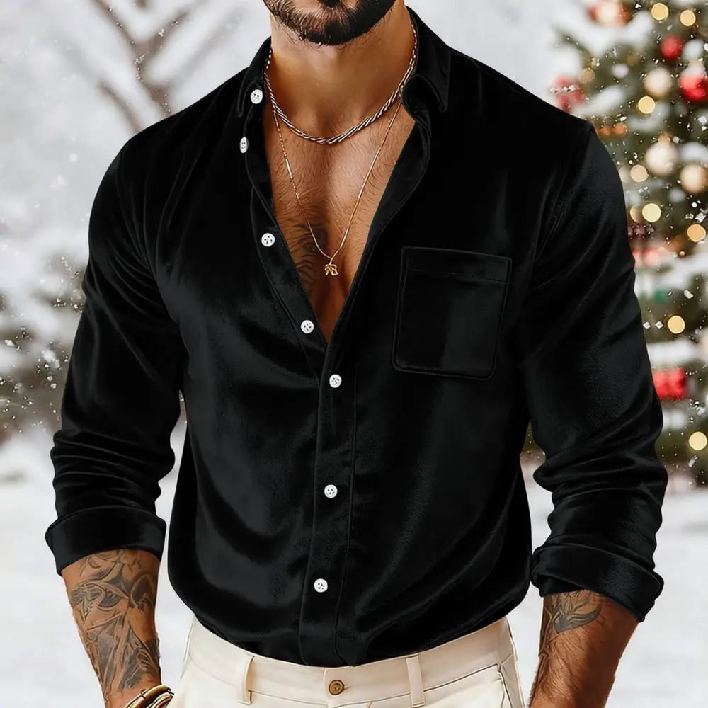 Mens Fashion Golden Velvet Shirt Breathable Loose Fit Long Sleeve Button Down Formal Casual Party Apparel For Men