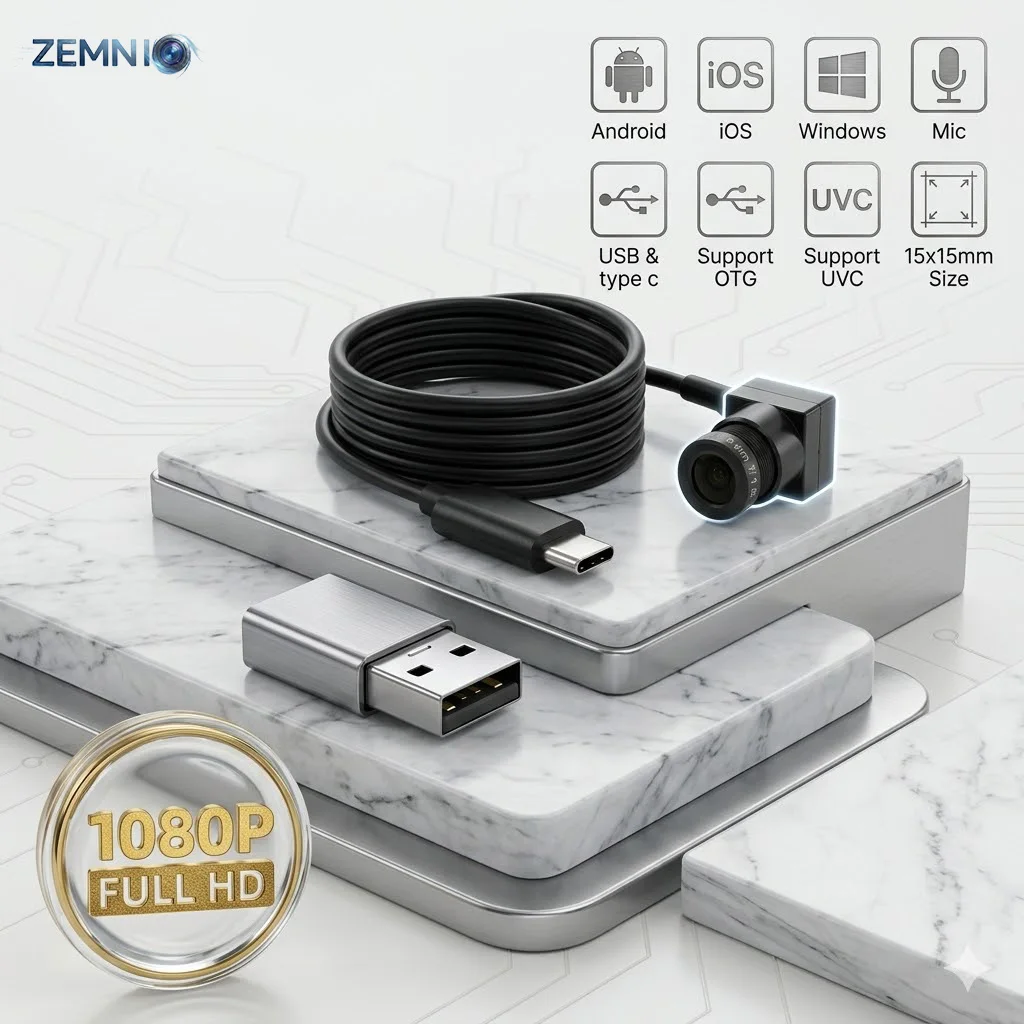 Mini USB Camera 15x15mm 1080P 2MP with Mic | OTG Webcam, UVC Plug & Play, Type-C Adapter,2.8mm/3.6mm/6mm/8mm/12mm Lens