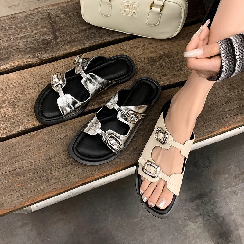 

Women's new leather cowhide round toe summer exposed toe metal belt buckle comfortable low heel fashion slippers