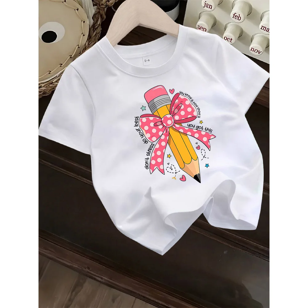 Children's T-shirt Loose Comfortable Soft Skin Friendly Breathable Fashionable Versatile Bow Pencil Print Short Sleeved Top