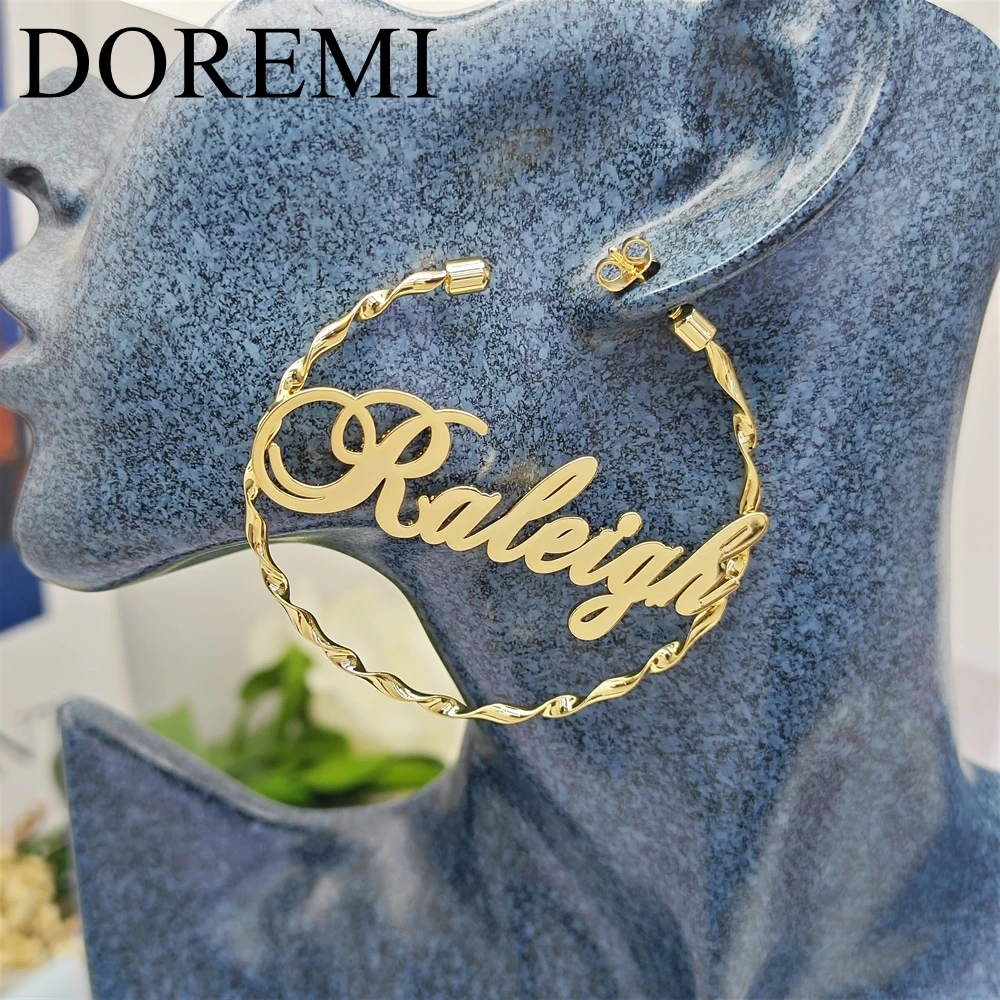 DOREMI Ins Custom Stainless Steel Women Earring Personalized Letter Hoops Earrings 60mm New Twisted Custom Name Earrings