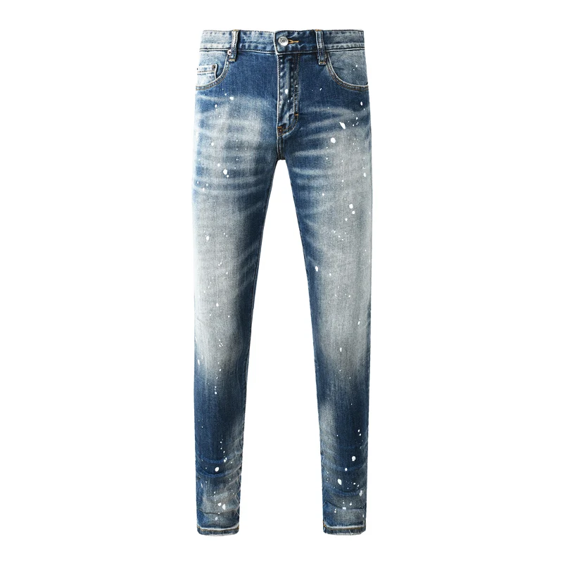Men Blue Splash‑Paint Streaky Washed Skinny Jeans, Vintage Faded Distressed Denim Pants, Mid‑Waist Stretch Slim‑Fit Street Fashi