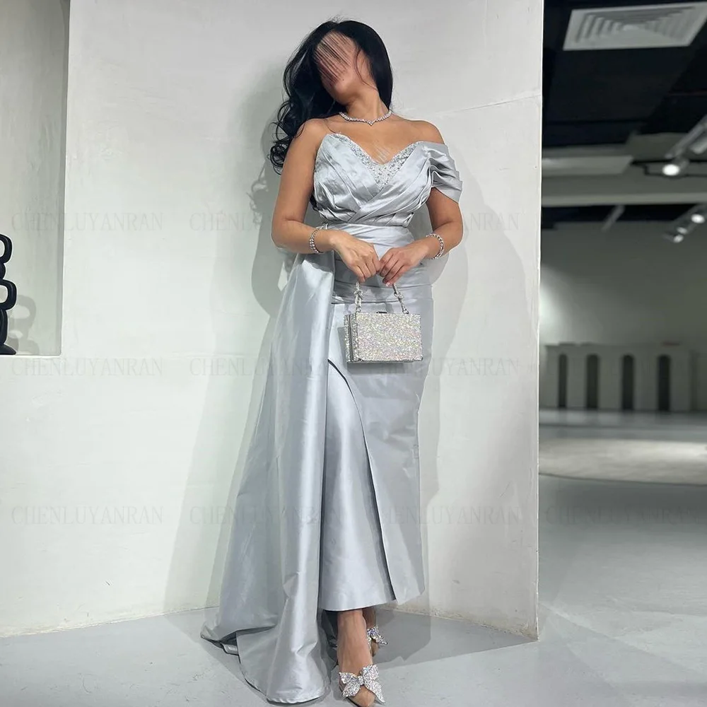 

Sliver Satin Formal Occasion Dress 2024 Sweetheart Long Sexy Prom Gowns Beads Pleat Mermaid Evening Party Gown فساتين الحفلات