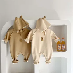 2024 Autumn Winter Baby Romper Hat Toddler Outfit Set Cute Bear Korean Kids Jumpsuits for Girls Boys Clothes Fashion Infant Suit