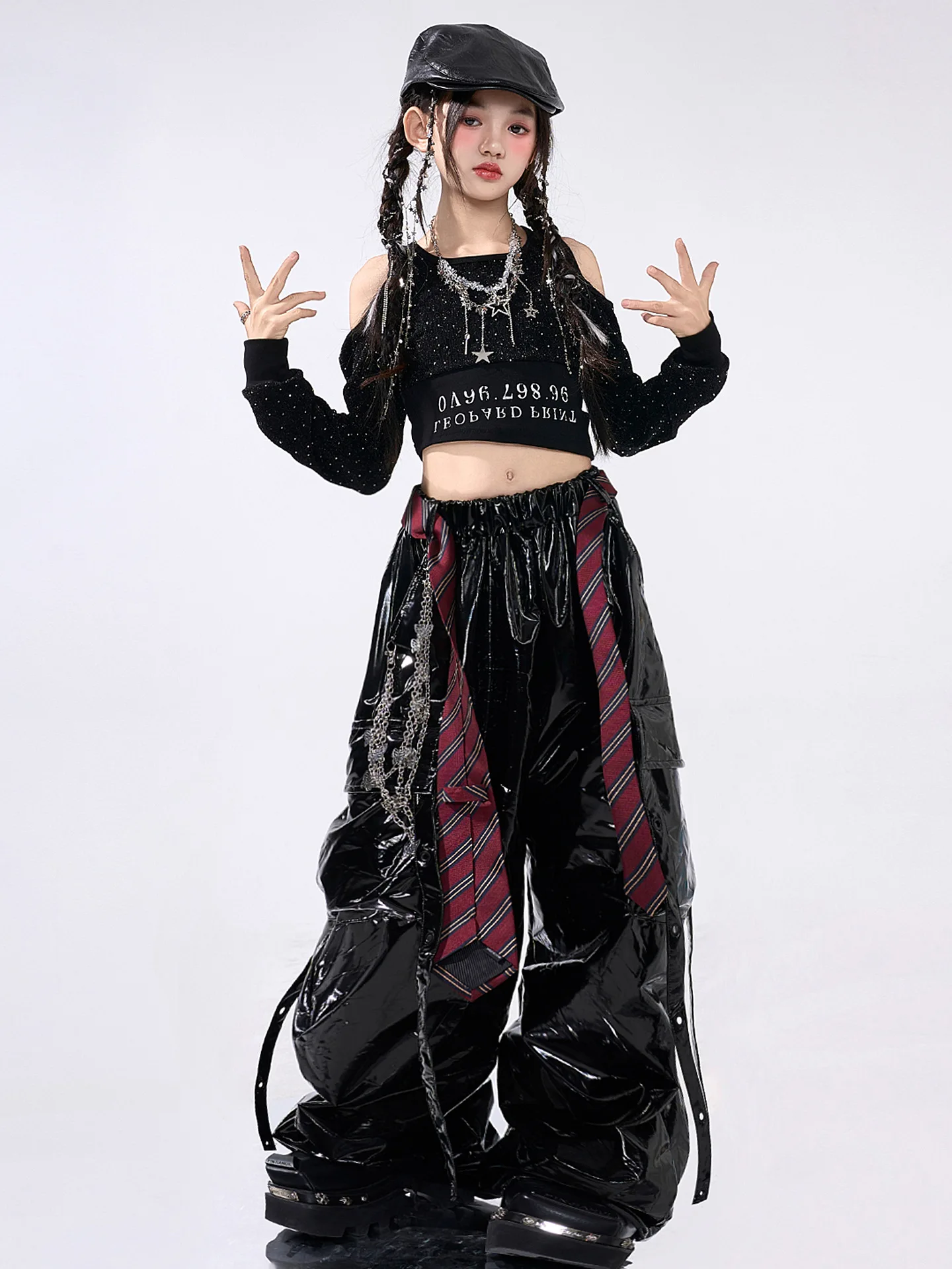 재즈 댄스 의상 소녀용 블랙 스팽글 탑 가죽 바지 케이팝 힙합 공연 의상 캣워크 무대 의상