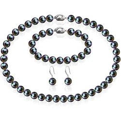10mm Round Black Natural Shell Pearl Necklace Bracelet Drop Earrings Sets Fashion Jewelry Making Design Gifts for Mother Girls