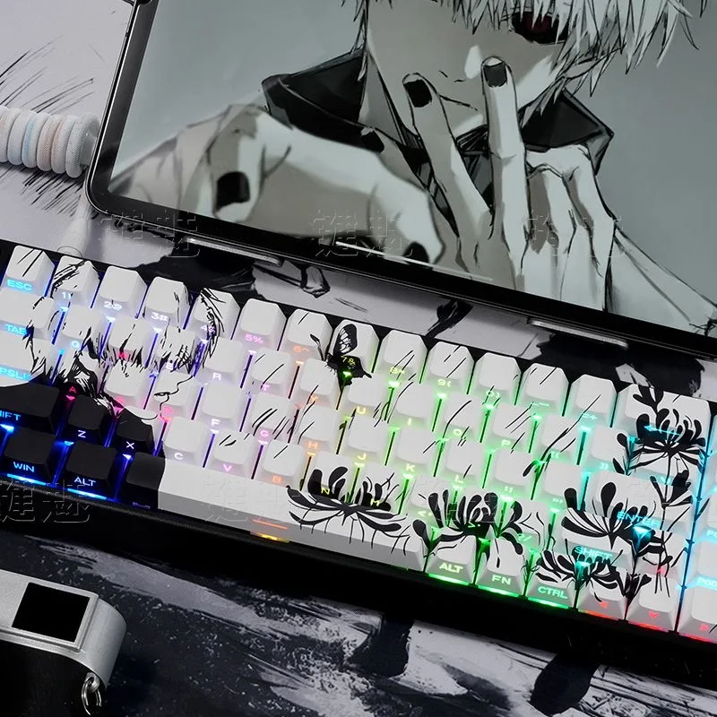 130 Key Kaneki Ken Theme Keycaps การ์ตูนอะนิเมะหมวก PBT โปรไฟล์เชอร์รี่ Custom Handmade Keycap สําหรับแป้นพิมพ์เครื่องกล
