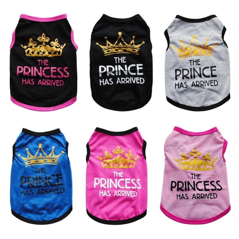 Algodão princesa carta impressa colete para animais de estimação, roupas de cachorro, coroa, pug, chihuahua, trajes de cães pequenos, verão