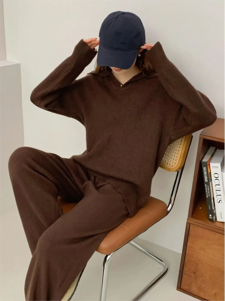 Autumn 2 Piece Set Pullover Sweater Knitted Tracksuit Women Korea New Turn-Down Collar Clothes High Waist Straight Pants Suit