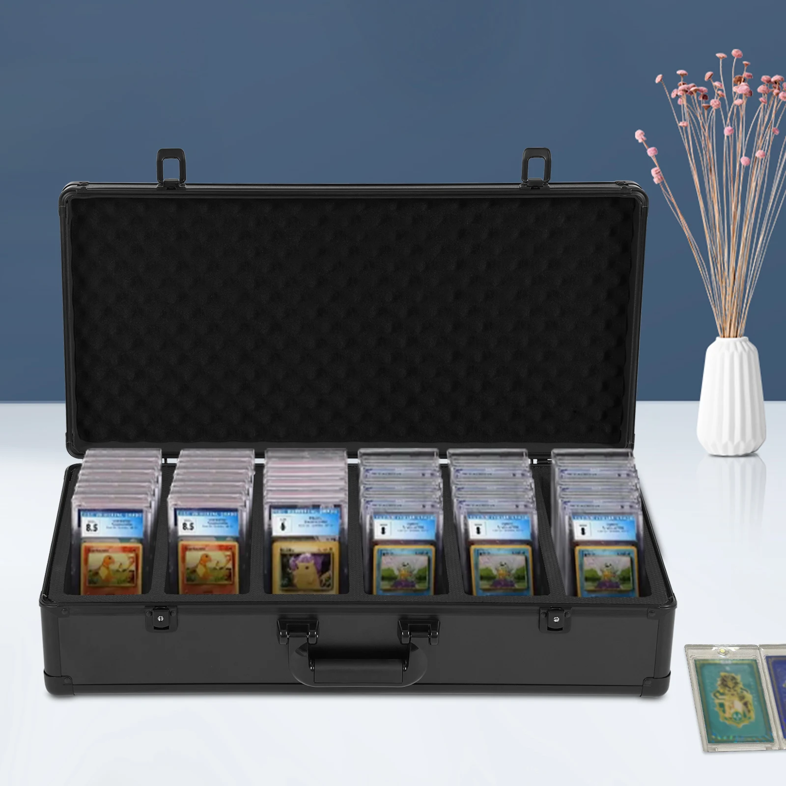صندوق تخزين البطاقات المتدرج منظم 6 فتحات صندوق تخزين البطاقات 222-سعة منظم قابل للقفل صندوق تخزين بطاقات التداول مع مقبض #4