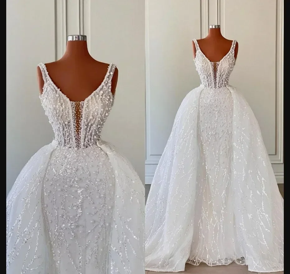 

Customized Spahetti Strap Heavy Pearls Lace Wedding Dresses Detachable Tain Plus Size Vestido De Casamento Bridal Dress
