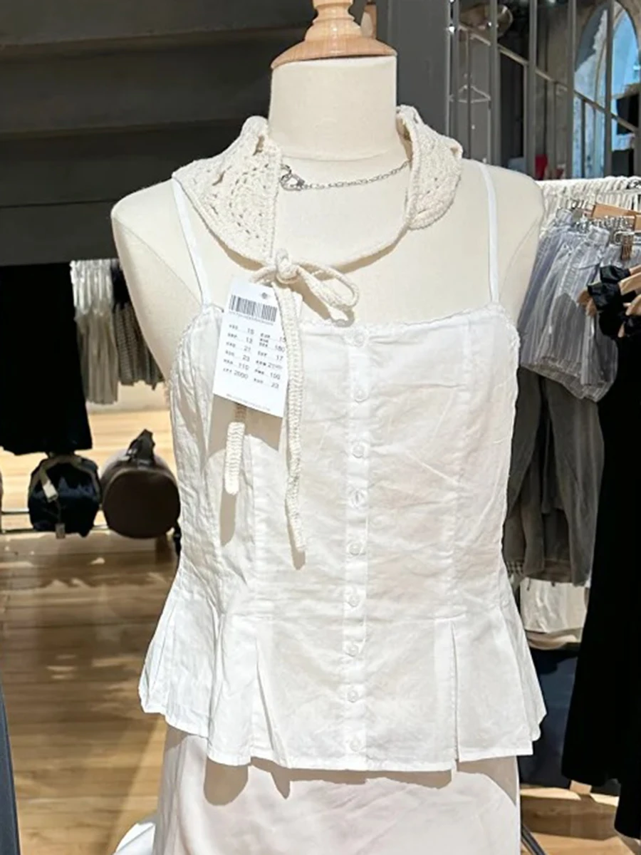 

Folds Lace Trim White Tank Top for Woman Summer Simple Single Breasted Slim Camisole Female Sweet Preppy Style Vest Y2k Tops New