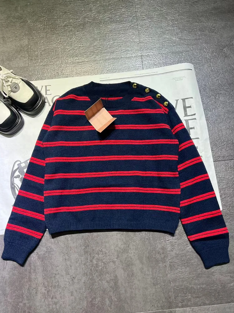 Designer retro color contrast striped diagonal buckle cashmere sweater 2024 fall women's new fashion all-match knitted pullover