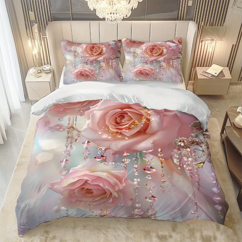 3pcs Pink Bedding Set Luxury Diamond Rose 3D Printed Cozy Duvet Cover King Queen Twin Size Birthday Gift for Adult Bedroom Decor