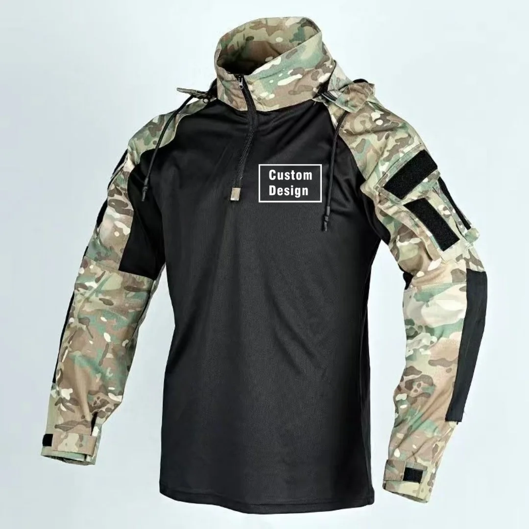 Custom Design Outdoor Military Men Long Sleeve Breathable T-shirt Camo Hooded Quick-dry Treking Fishing Military Combat Pullover