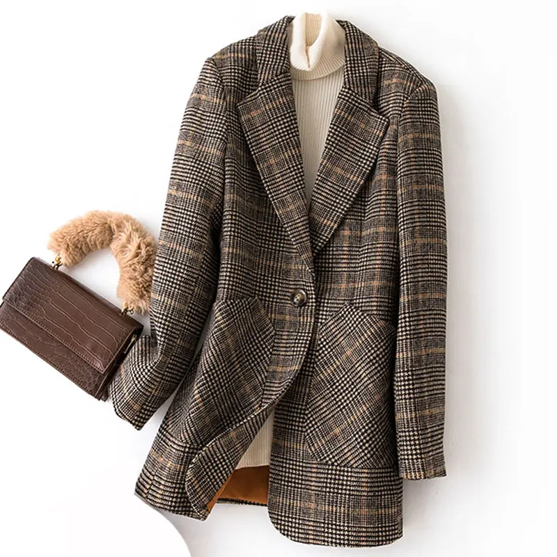 Autumn Winter Vintage Women Plaid Suit Woolen Jacket 2023 Oversized Women Ladies Slim Casual Wool Blazer Single Breasted Coat