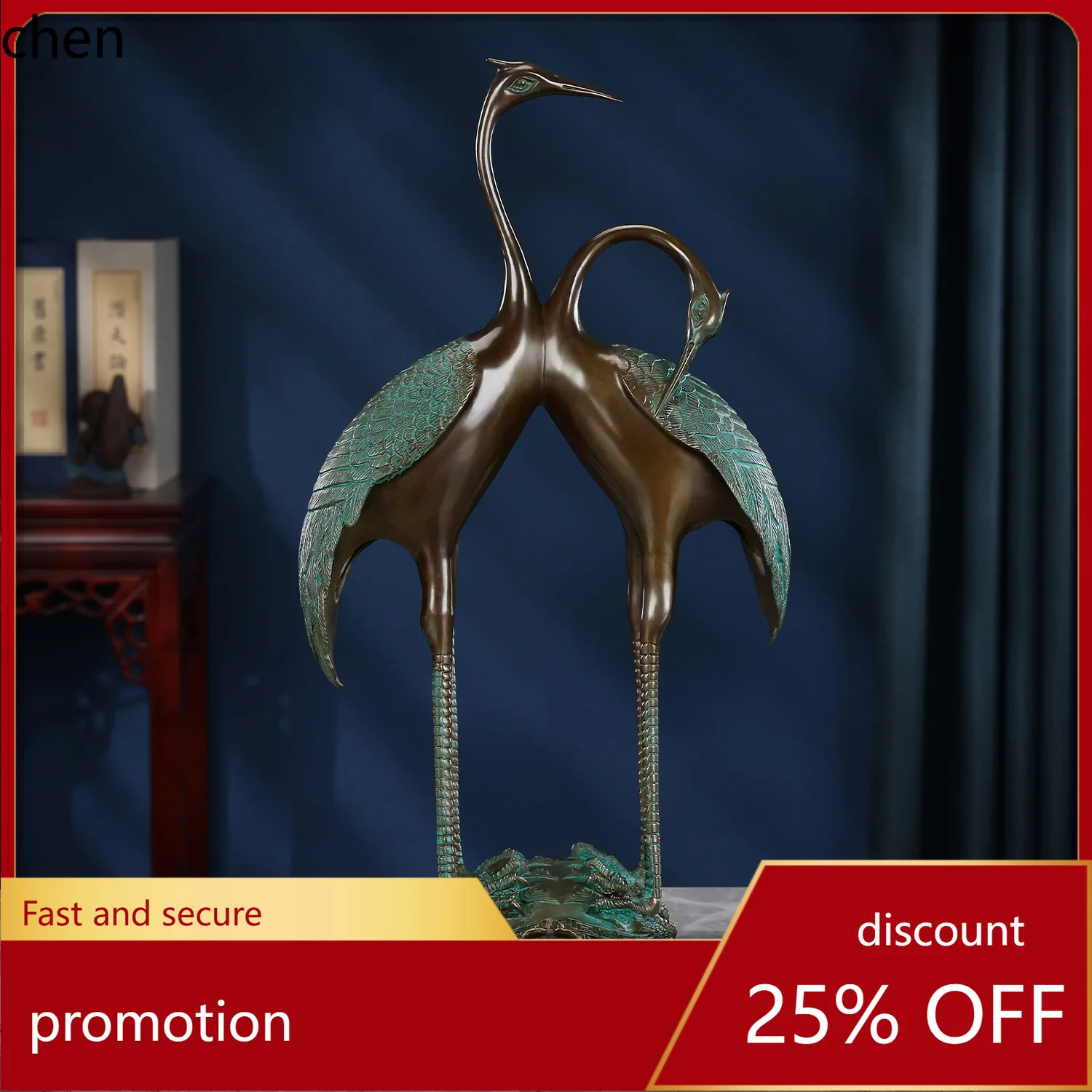 H1 Brass Double Happiness Crane Ornament, New Chinese Style Home Living Room Crane Hall Decoration, Copper Craft Sculpture