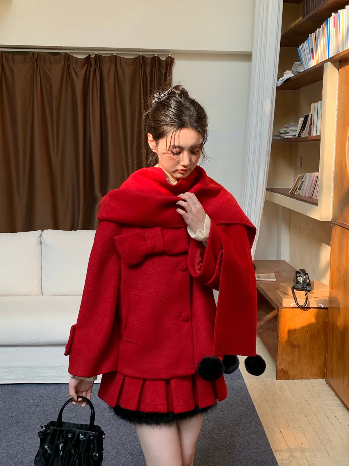 

Красный комплект женской модной верхней одежды большого размера: пальто и юбка А-силуэта с высокой талией, осенне-зимний, красивый, уникальный, для любителей сыра.