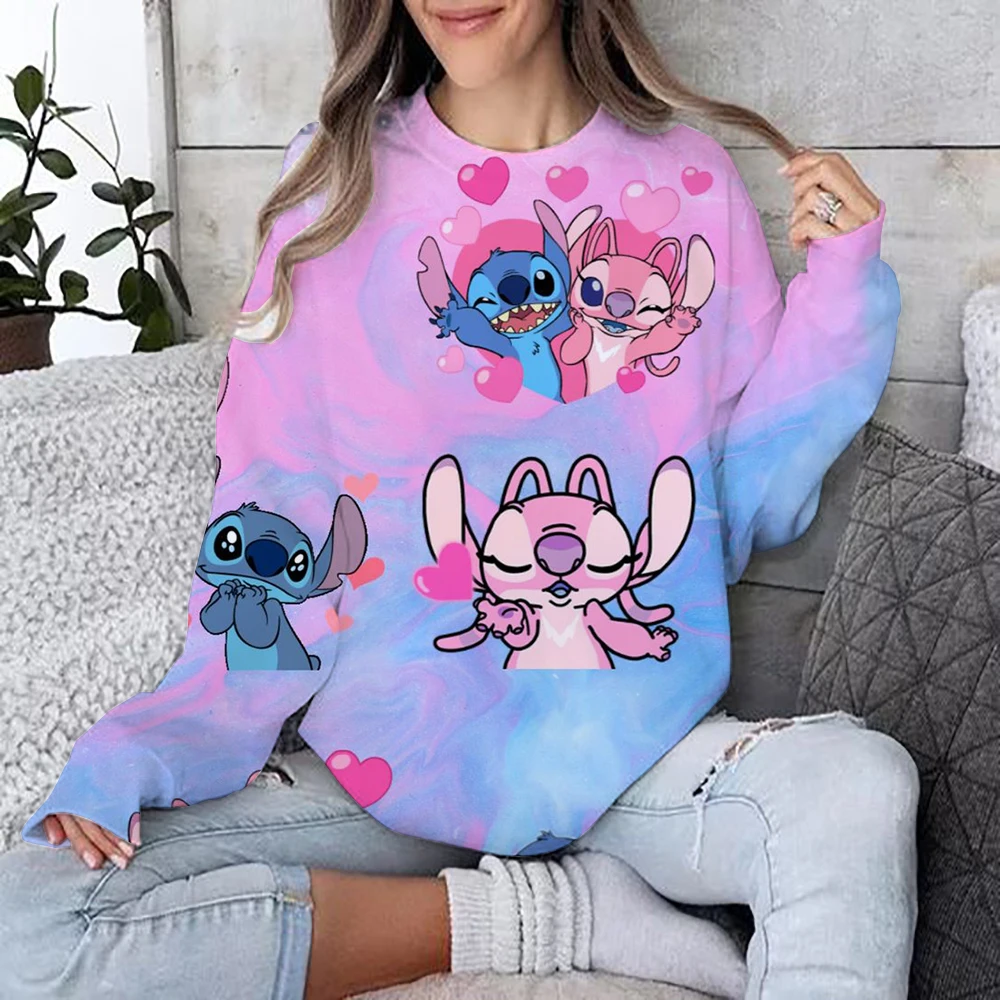 Autumn Fun Print Long Sleeve Top 2024 New Cartoon Disney Cute Lilo & Stitch Ladies Sweatshirt Crew Neck Loose Pullover