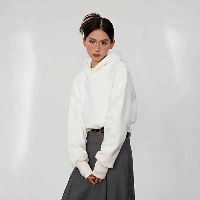 American Retro Short Hoodie Women's Autumn Versatile Solid Color Pullover Tops Girls Simple Hooded Coat Clean Fit Street Wear