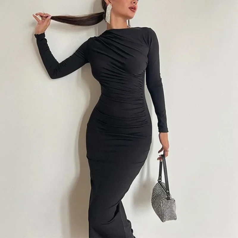 2024 Autumn Fashion Figure-flattering Solid Color Debutante Style Long Pattern Hip Wrap Dress Long Sleeve Dress for Women