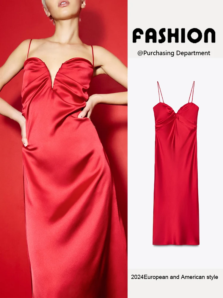 Spring New Arrival Women's Sexy Strap Heart Collar Silk Satin Midi Dr Long Skirt Sle No Sve  Color Commute Sle