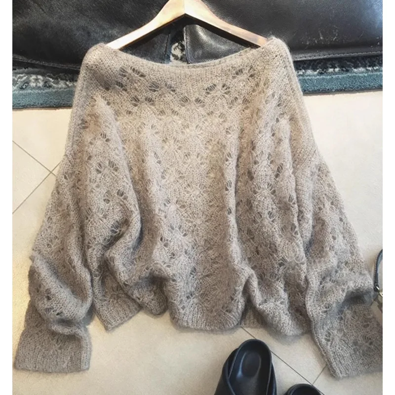 

New Autumn Hollowed Out Knit Pullover Fashion Vintage Loose Long Sleeve Slash Neck Women Wool Sweater Soft Knitwears Sweaters