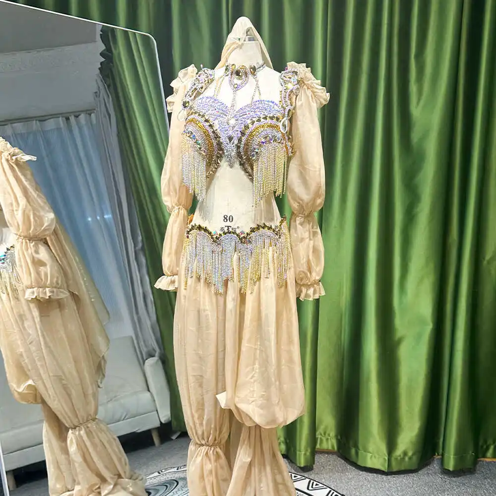 BellyDance Suit Embroidery Diamond Bra Split Fishtail Skirt Performance Set Custom Adult Child Competition Clothing Accessories