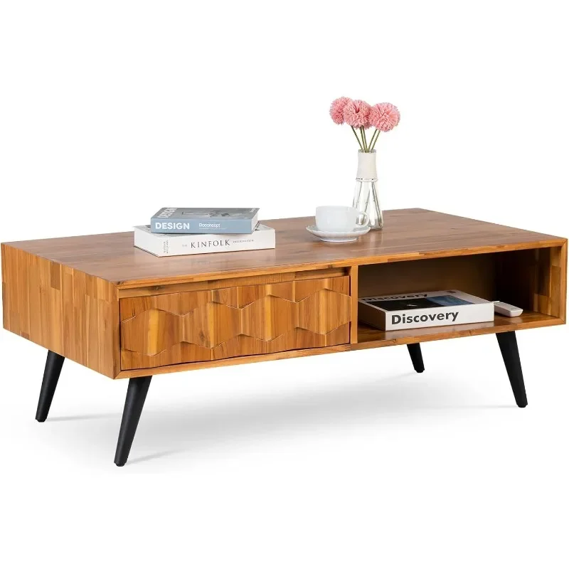 Teak Brown Georgina Solid Wood Coffee Tables, Mid Century Modern Living Room Furniture with 2 Storage Drawers