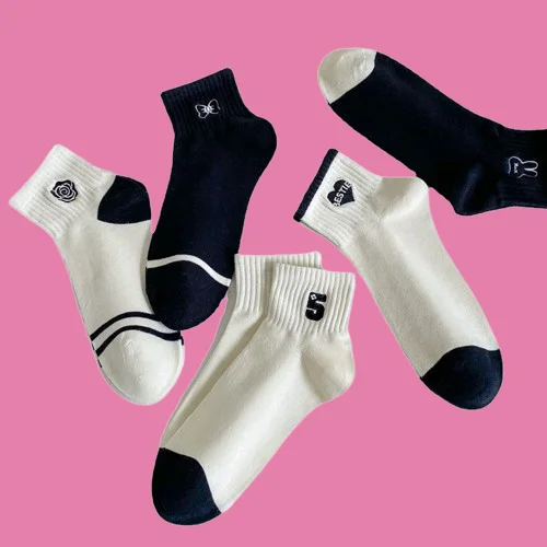 

5/10 Pairs High Quality College Style Women's Socks Spring And Summer Japanese Style Black And White Embroidered White Socks