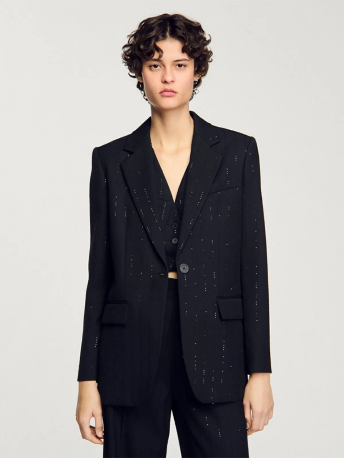 เสื้อโค้ทผู้หญิงทรงหลวม แบรนด์ Bla Sequin Suit Jaet Commute Sle รุ่นใหม่ล่าสุดสำหรับฤดูใบไม้ผลิ ดีไซน์หนังแก้ว แขนยาว